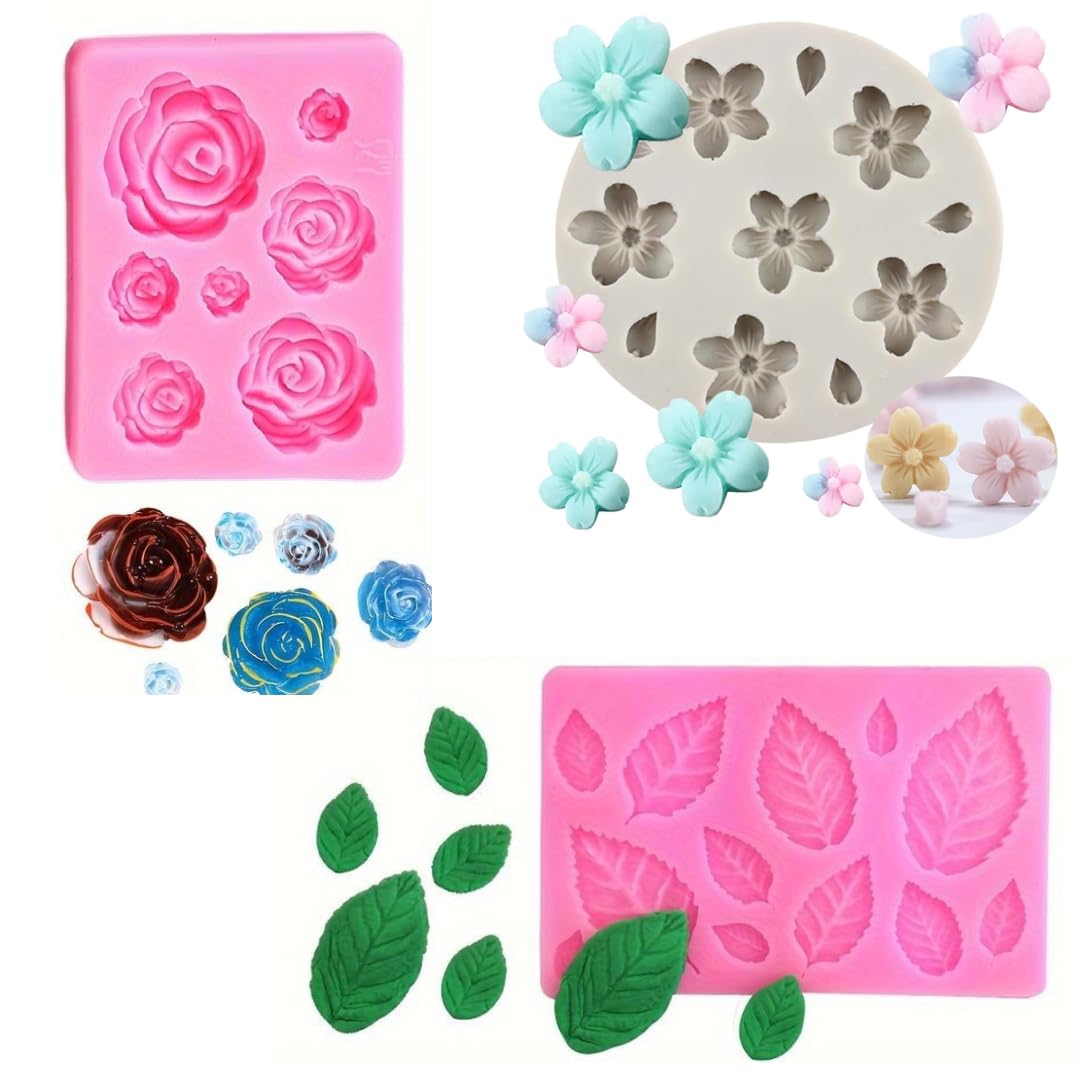 Skytail 3 Pack Cherry Blossom Rose Flower & Leaf Fondant Silicone Moulds for Chocolate Candy Cake Decoration Cupcake Topper Gummy Jelly Ice Cube Sugarpaste Clay Soap Candle Wax Resin Jewelry Molds