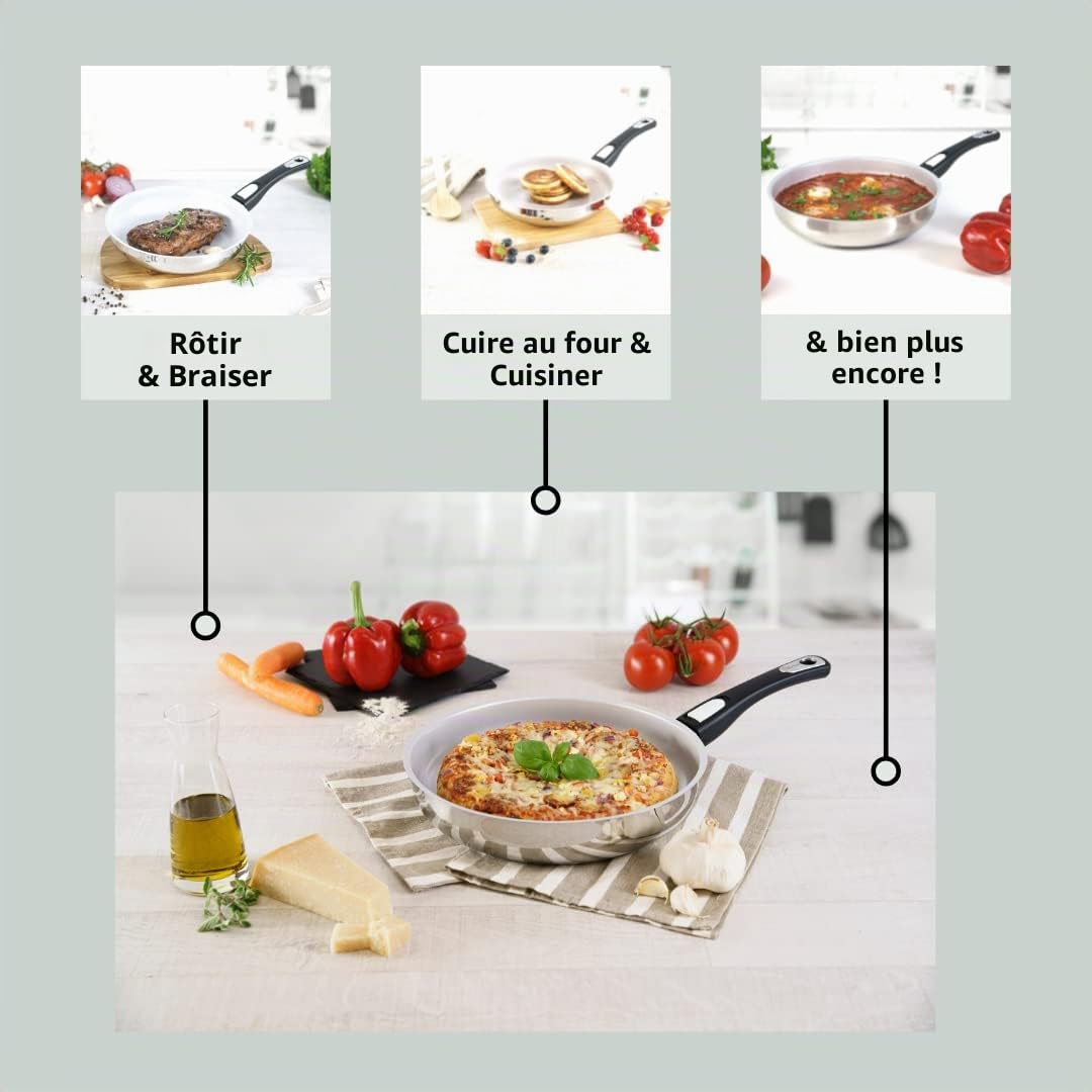 Genius Cerafit Steel Lot de 5 poêles à frire en céramique 20, 24, 28 cm avec revêtement anti-adhésif anti-rayures + couvercle en verre – Poêles à induction avec poignée amovible pour tous les types de