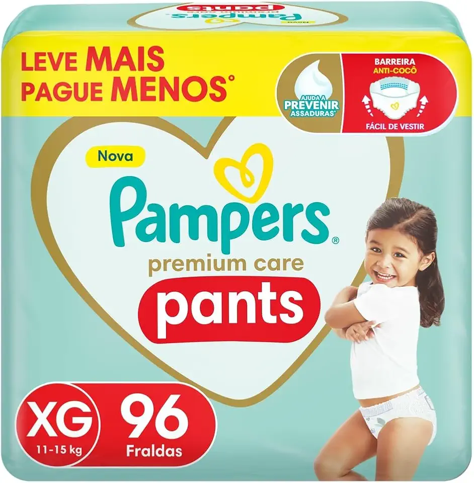 Fralda Pampers Premium Care Pants Tamanho XG, Fácil de Vestir, 96 Unidades