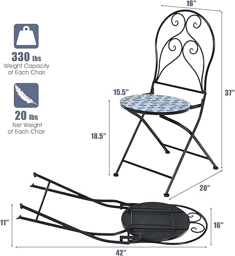 Miniatura 3 de Giantex 2 sillas plegables de bistró, sillas de patio de mosaico con asiento de azulejos de cerámica y exquisito patrón floral, sillas de comedor al
