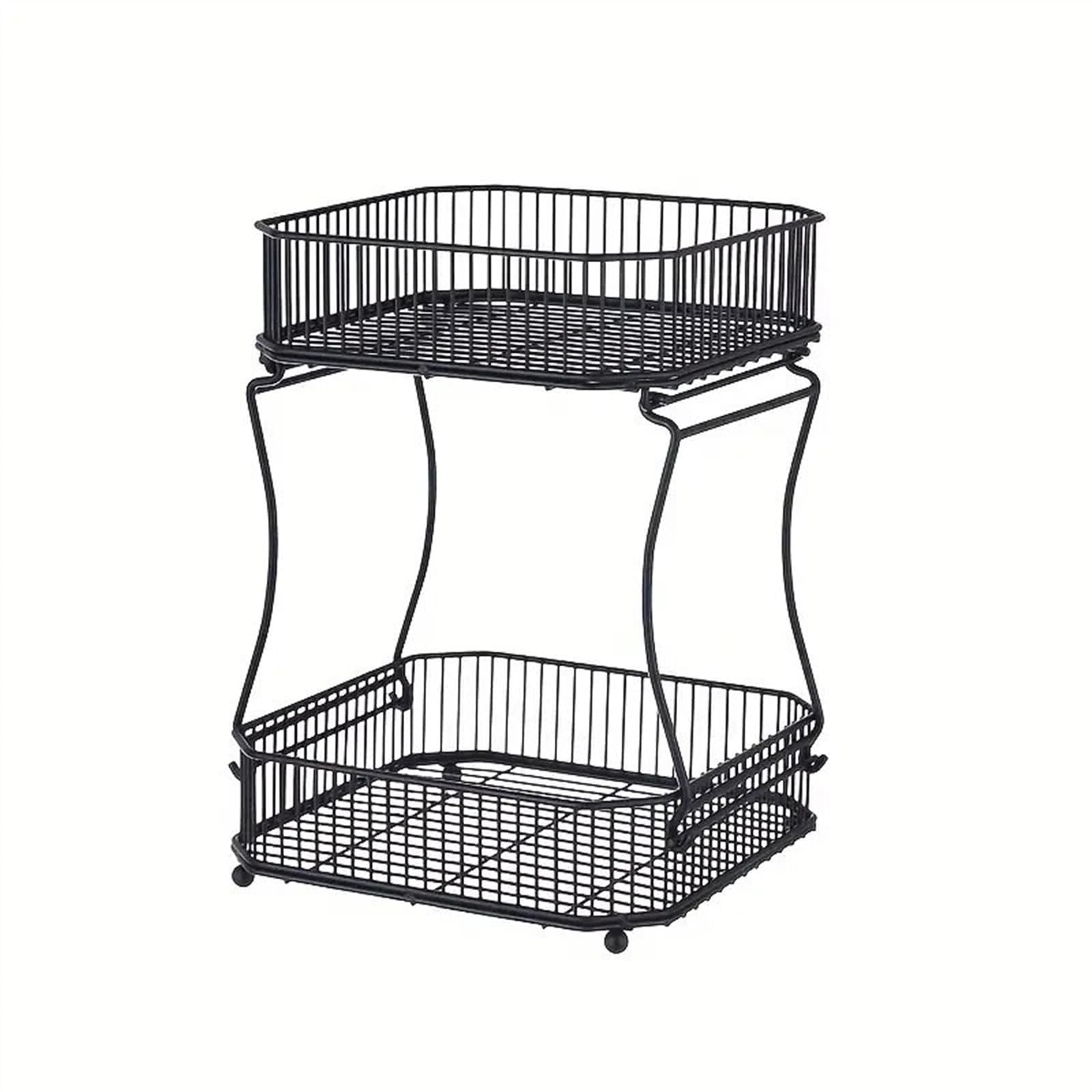 Zhaoj24-05 Fruit Racks 2 Tier Fruit Basket Metal, Countertop Vegetable Kitchen Organizer with Storage Box for Bread Snack Veggies Produce(Black)