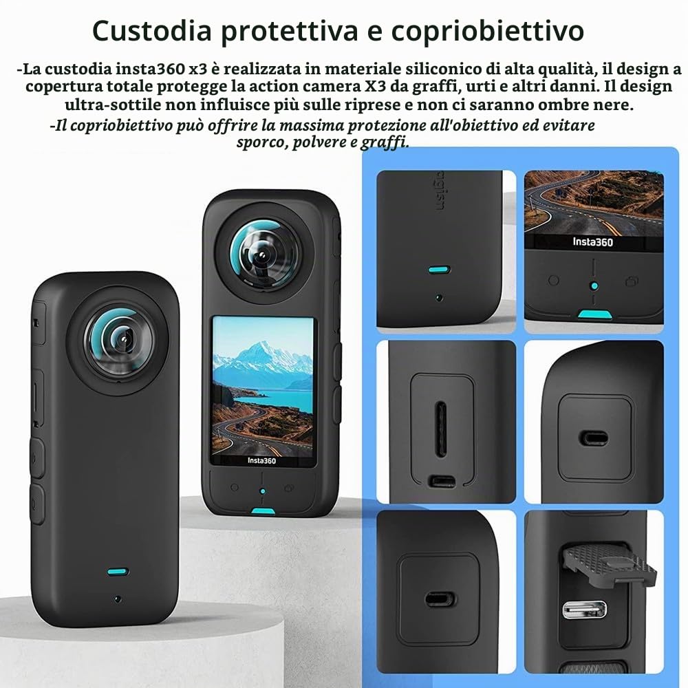 Kit di accessori 7 in 1 compatibile con Insta360 X3 [custodia in silicone per fotocamera][copriobiettivo] [pellicola protettiva per lo schermo] [custodia da trasporto per esterni con