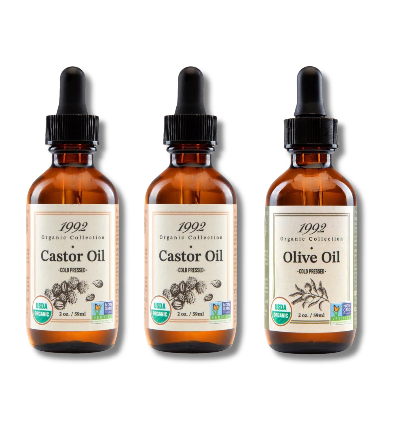 Tropic Isle Living 2x 1992 Organic Collection Castor Oil 2oz/60ml Bundle with 1992 Organic Collection Olive Oil 2oz/60ml – Nourishing oils for skin and hair hydration – Gift Set (3 Items)