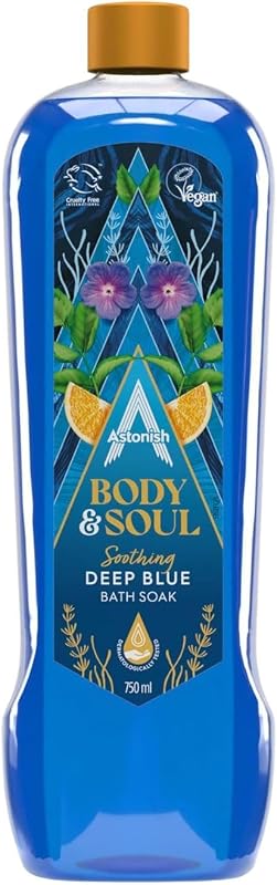 Espuma para banho Astonish Body & Soul Deep Blue com hidratante e fragrância de mandarina, gengibre, menta e brisa marinha, 750 mL