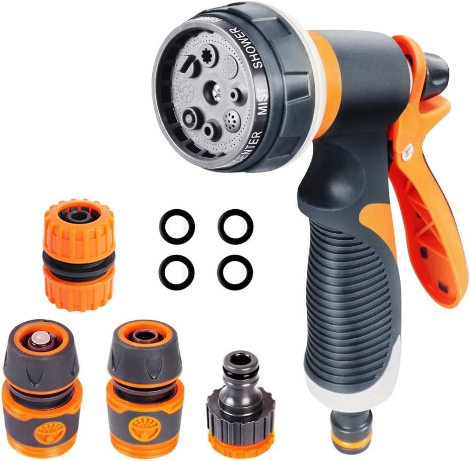 Garden Hose Spray Gun Set,8 Adjustable Patterns Hose Pipe Spray Gun High Pressure Water Spray Nozzles Perfect for Watering Plants & Lawns,Shower Pets,Car Washing Includes Hose Connectors