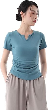 Angcoco Womens V-Neck Short Sleeved Ruched Waist Stretch Slim Fit Tee Shirt with Thumb Holes