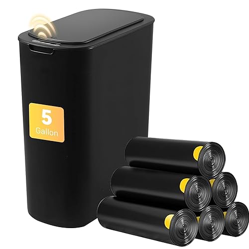 Basurero de baño con tapa, 5 galones, color negro, sensor de movimiento, botes de basura automáticos para cocina, dormitorio, oficina, sala de estar