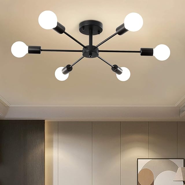 Modern Sputnik Chandeliers 6 Lights, Semi Flush Mount Ceiling Light Black Pendant Lighting for Bedroom Living Room Kitchen Dining Room Restaurant (Black)