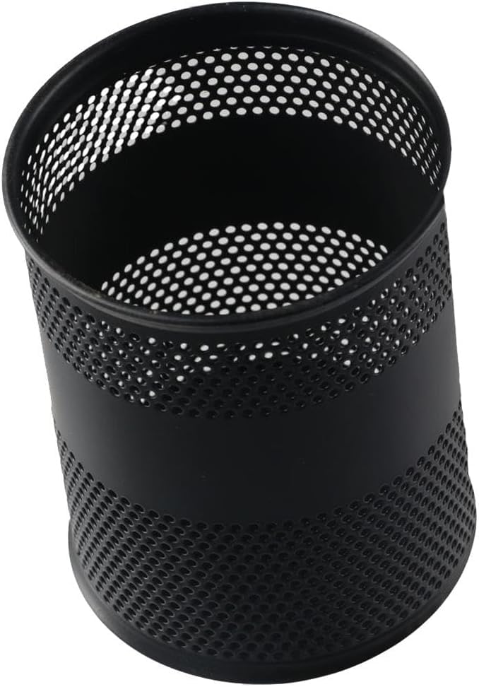 Image of Round Pen Stand Wire Mesh with Solid Strip - Metal Desk Organizer for Office, Home, School | Premium Black Stationery Holder for Pens, Pencils, Markers & Accessories