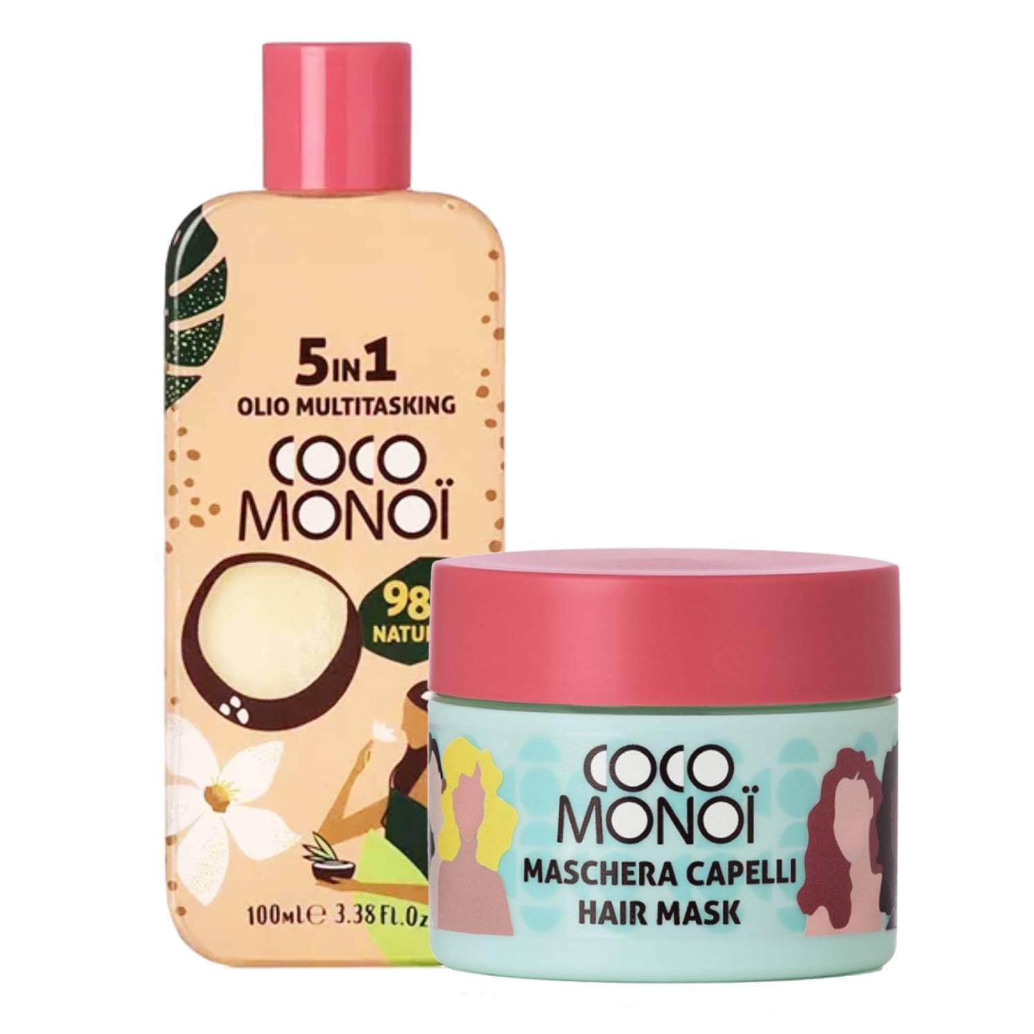 Maschera Capelli 3in1 con Olio di Cocco e Monoi – Idratante, Nutriente e Riparatrice – Vaso 250 ml – Trattamento Capelli Secchi, Sfibrati o Crespi (Maschera+Olio Multiuso)