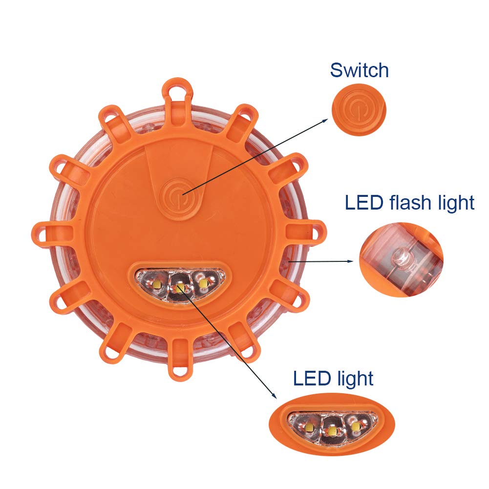 XhuangTech 4 szt. latarki LED na drogę, awaryjne latarki tarczowe z 9 trybami błysku, magnesem w podstawie i torebką do przechowywania z haczykiem, migające światła ostrzegawcze na brzegu drogi dla