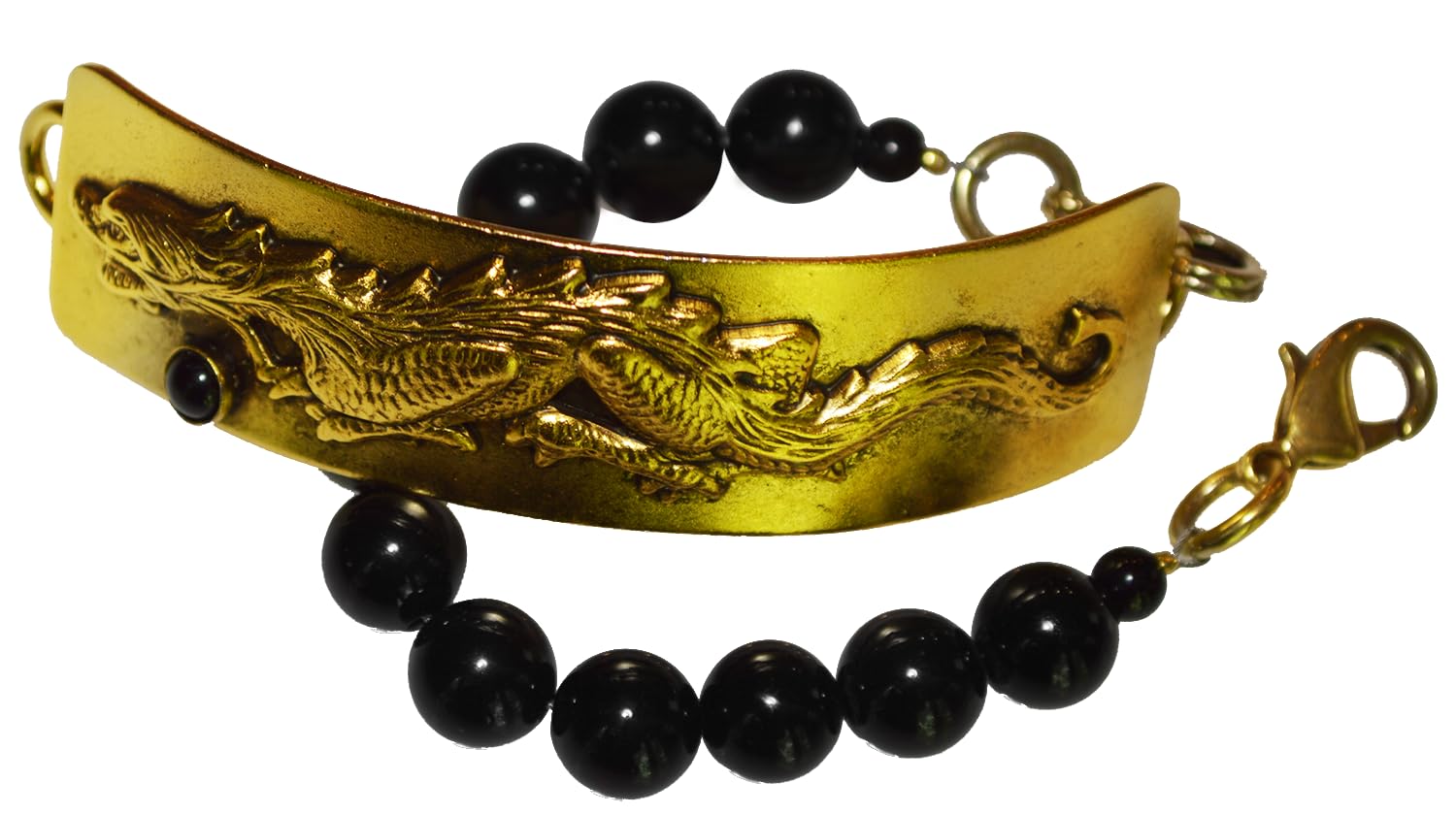 Elaine Coyne Collectible Artwear Antique Gold Brass Dragon Narrow Rockband Bracelet - Black Onyx
