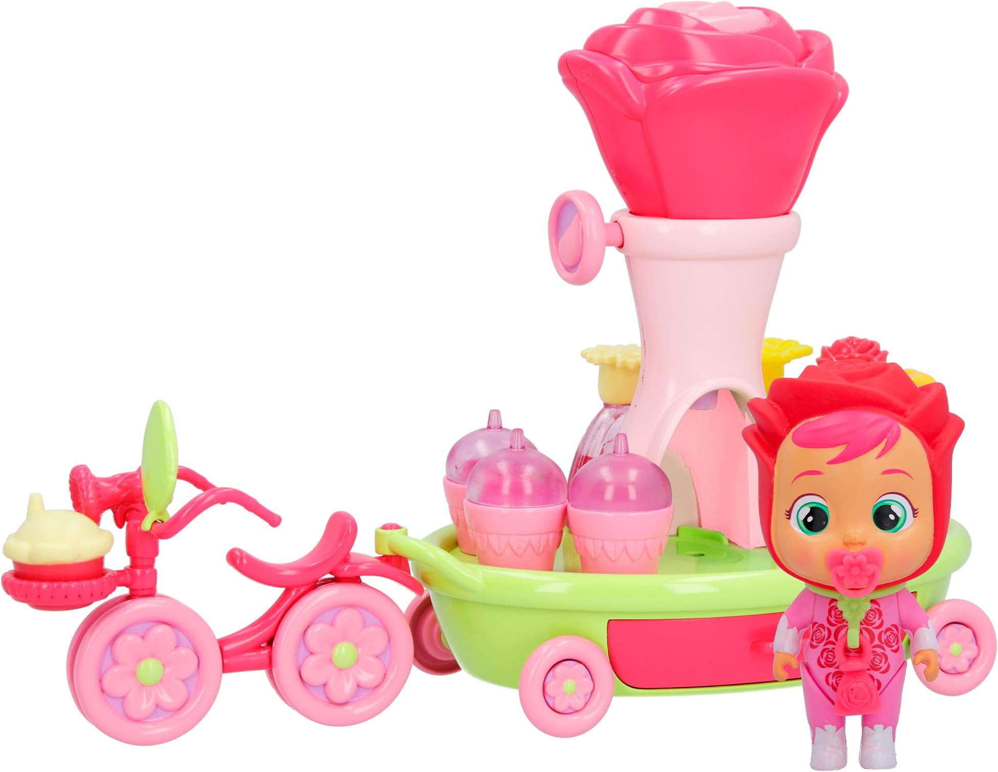 Cry Babies Magic Tears Happy Flowers - Rose's Bike Cart Playset | 17+ Accessories and Exclusive Rose Doll