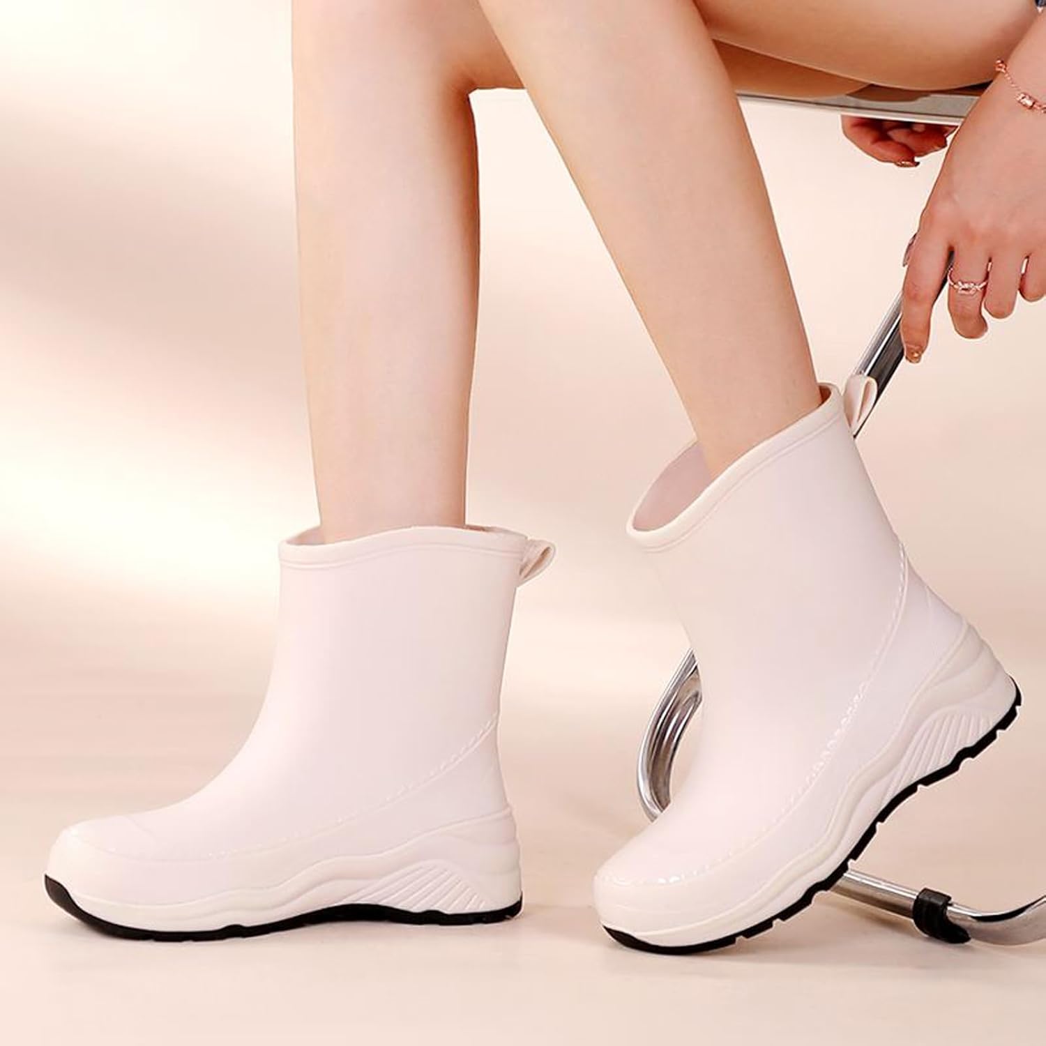 Women'S Chunky Platform Rain Ankle Boot Fashion Comfort Round Toe Waterproof Anti-Slip Thick Sole Pull On Garden Chelsea Rain Boots for Outdoor Work Booties