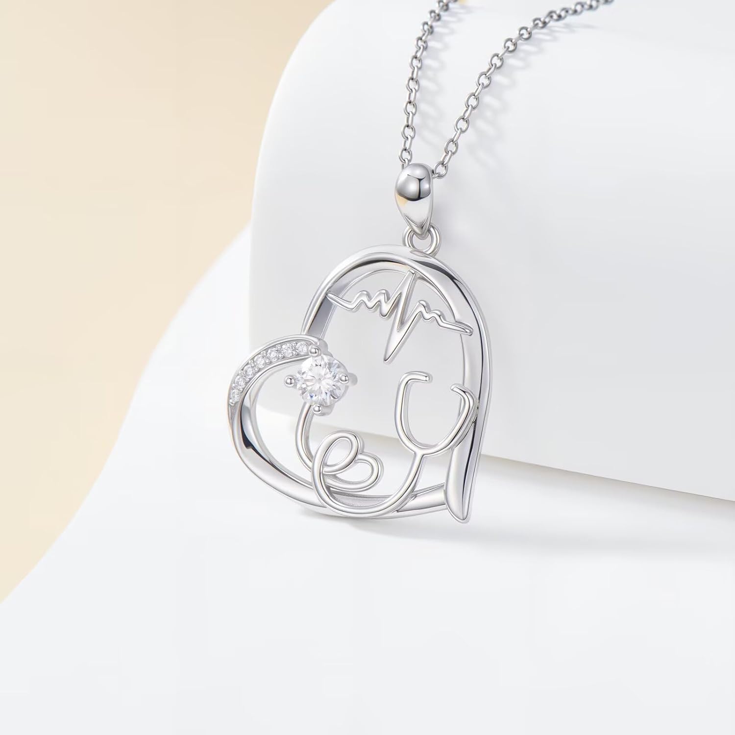 gifts for nurses nurse necklaces for women Heart Stethoscope 925 Sterling Silver Moissanite Necklace for Doctor Festival Cute Life Line Heartbeat Love Cardiogram Nurses Day Medical Student Jewelry - Image 2