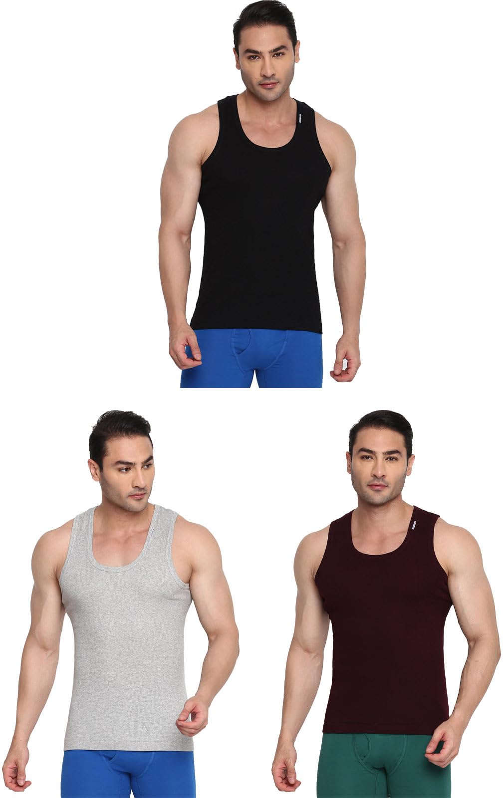 rupa frontline Men's Cotton Ribbed Fabric Black, Grey & Wine Scoop Neck Sleeveless Vest - Pack of 3 (#Colors-204-Derby-95cm) (Color May Vary)-picture-22