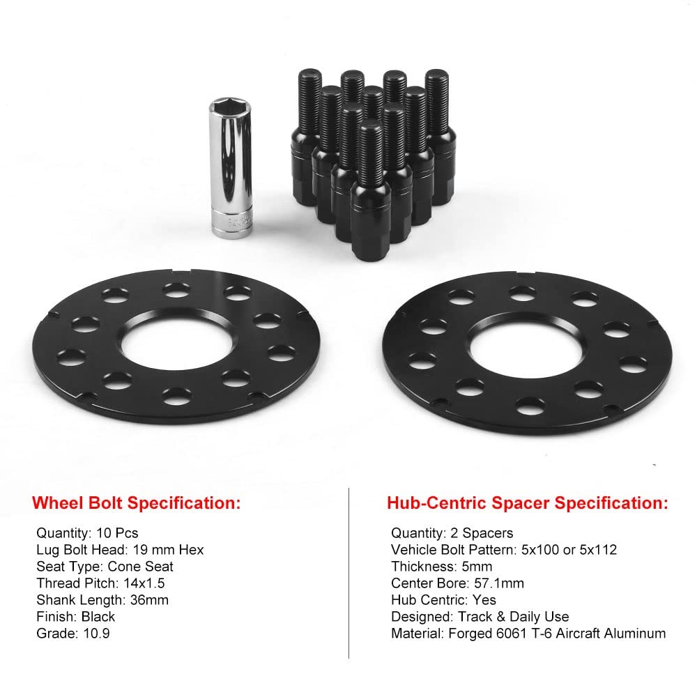 Aleación Aluminio Espaciadores Adaptadores Espaciadores De Rueda De 5mm Y 8mm para Coche para PCD 5x100 5x112 CB 57,1mm Y Pernos De Bola M14 * 1,5(5mm Black)