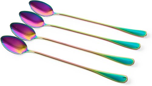 Miniatura 5 de dhrbsx Cuchara de té helado de mango largo, cucharas para mezclar cócteles, cucharas de café de acero inoxidable, cuchara de helado de colores,