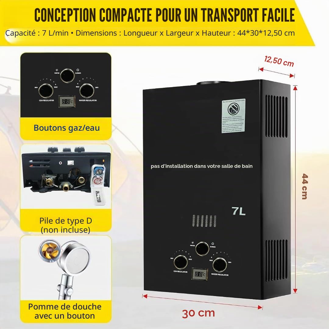 Chauffe-eau à Gaz 8LPM,Instantané 8LPM 16kW LPG GPL au Butane Propane avec Modes Hiver et Eté, CE Certifié,avec une Pression d'Eau de Départ Très Faible,pour la Maison,la Caravane,les Cabines (7L)