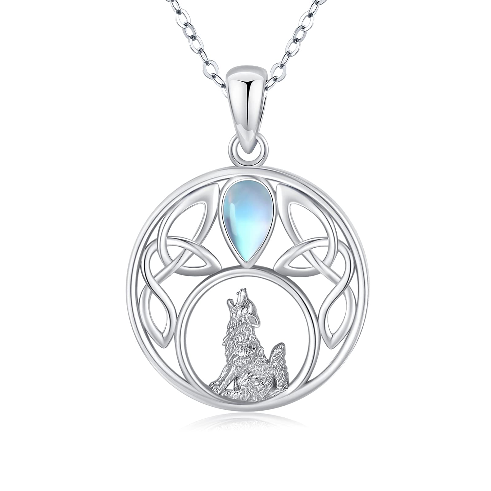 Wolf Kette 925 Sterling Silber Keltische Kette Mondstein Anhänger Wolf Halskette Schmuck Geschenke für Damen