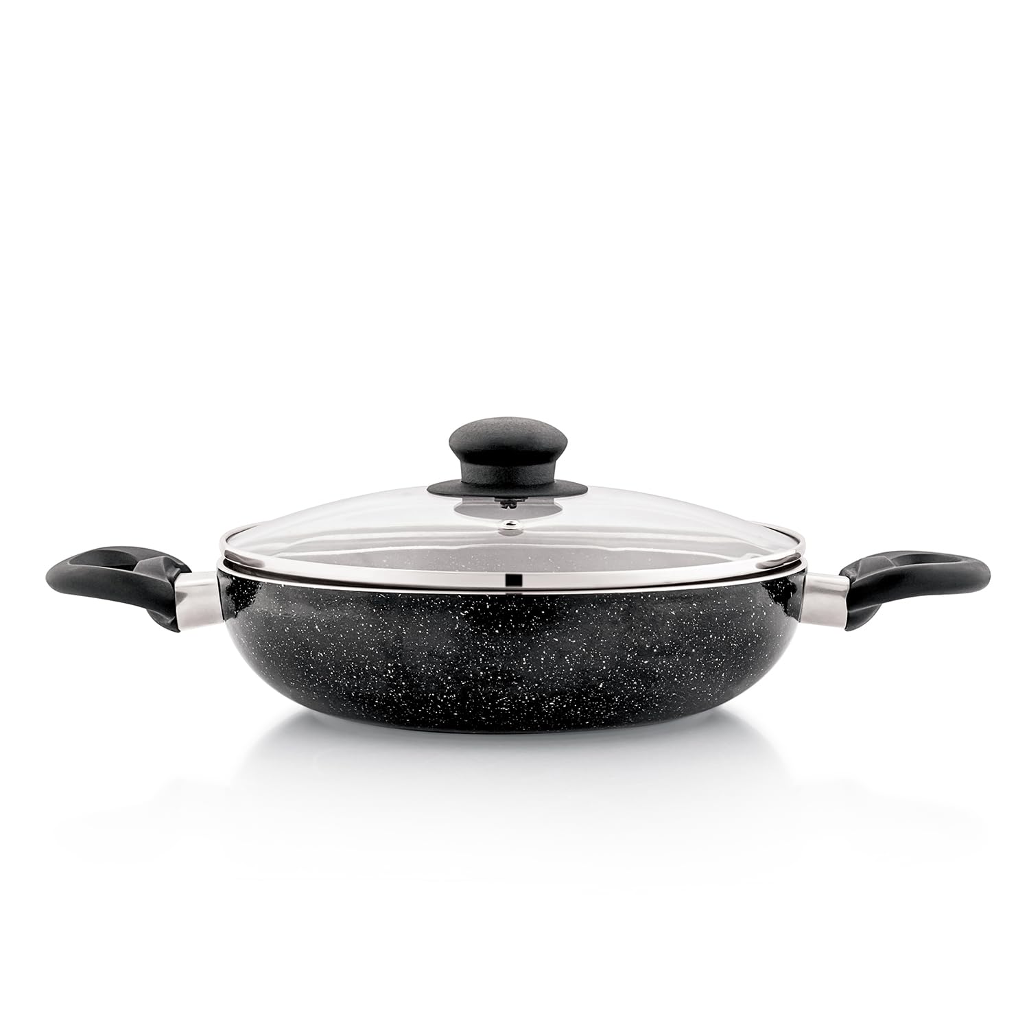 Amazon Brand - Solimo Non-Stick Kadai with Glass Lid & Detachable Handle| Granite Finish | Induction Base | PFOA Free | High Temperature Resistant Exterior Coating | 22 cm | Black-image-19