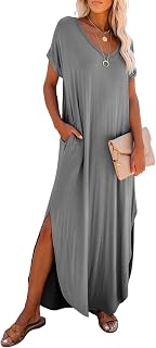 Dokotoo Womens Summer Dresses Short Sleeve Long Shirt Dress Split Maxi Dress