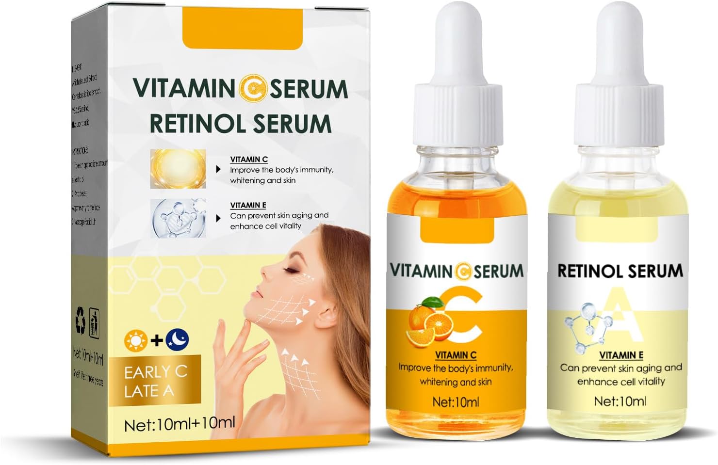 Dag- en nachtverzorgingsset met vitamine C + retinol, anti-aging serum voor stralende huid, hydraterende serumcombinatie, vermindert rimpels en pigmentvlekken, voor alle huidtypes