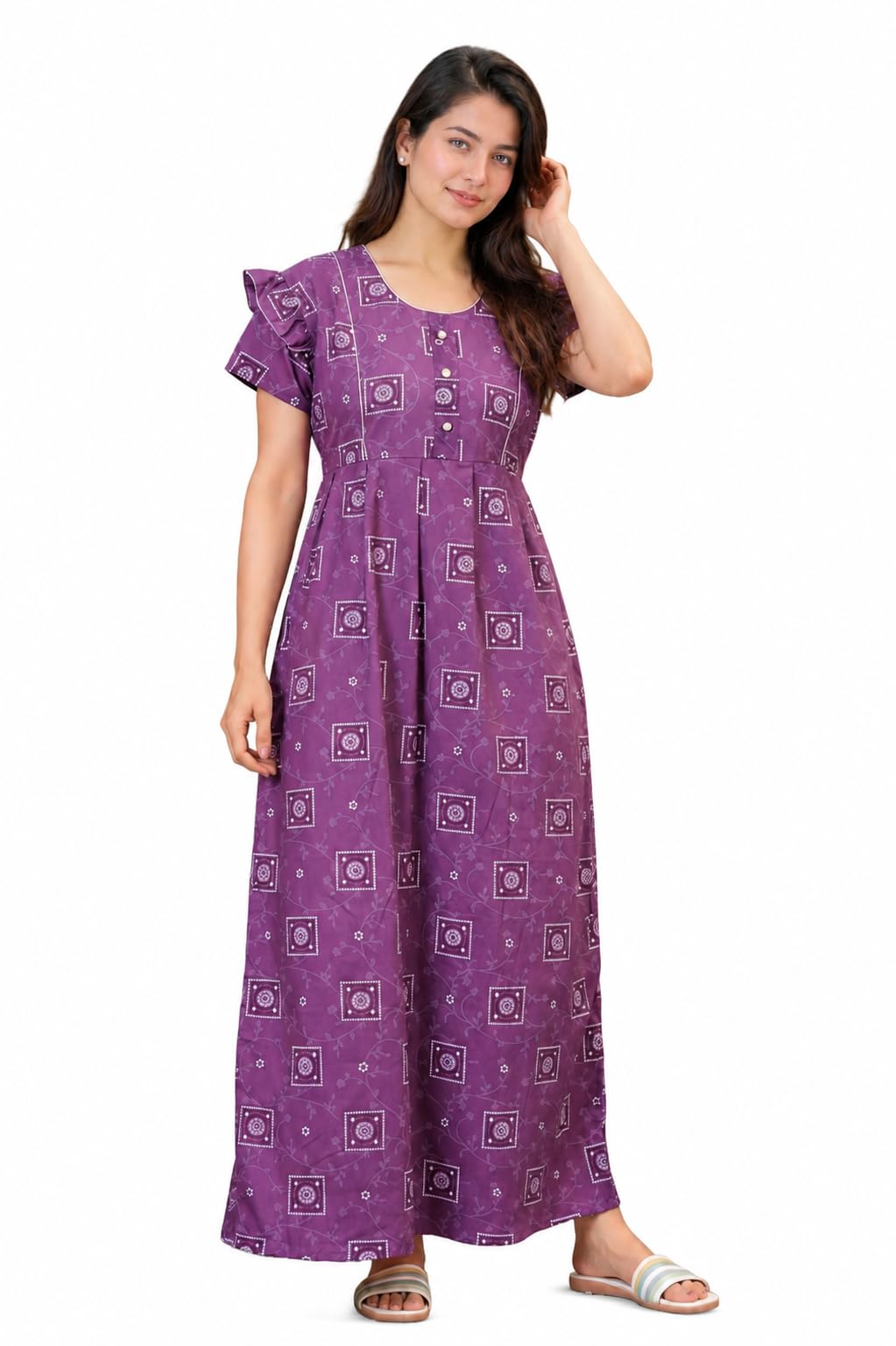 D-vastra Women's Maxi Dress, Purple, Cotton, Bandhani Geometric Print, Ruffle Sleeve, Round Neck, Ethnic Style Nighty-picture-22