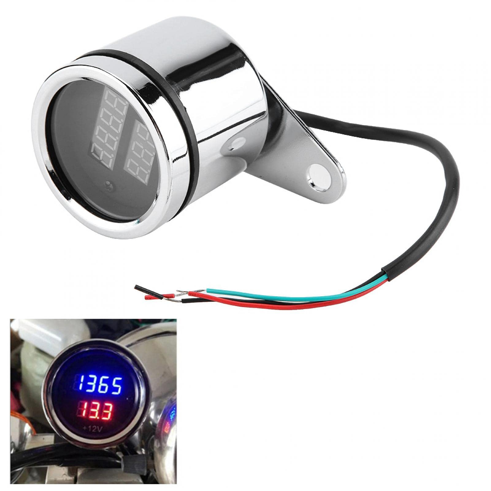 Tachimetro Digitale Moto 2 in 1, Contagiri LED + Voltmetro Universale 12V, Custodia Metallica Cromata, per Tutte le Motociclette