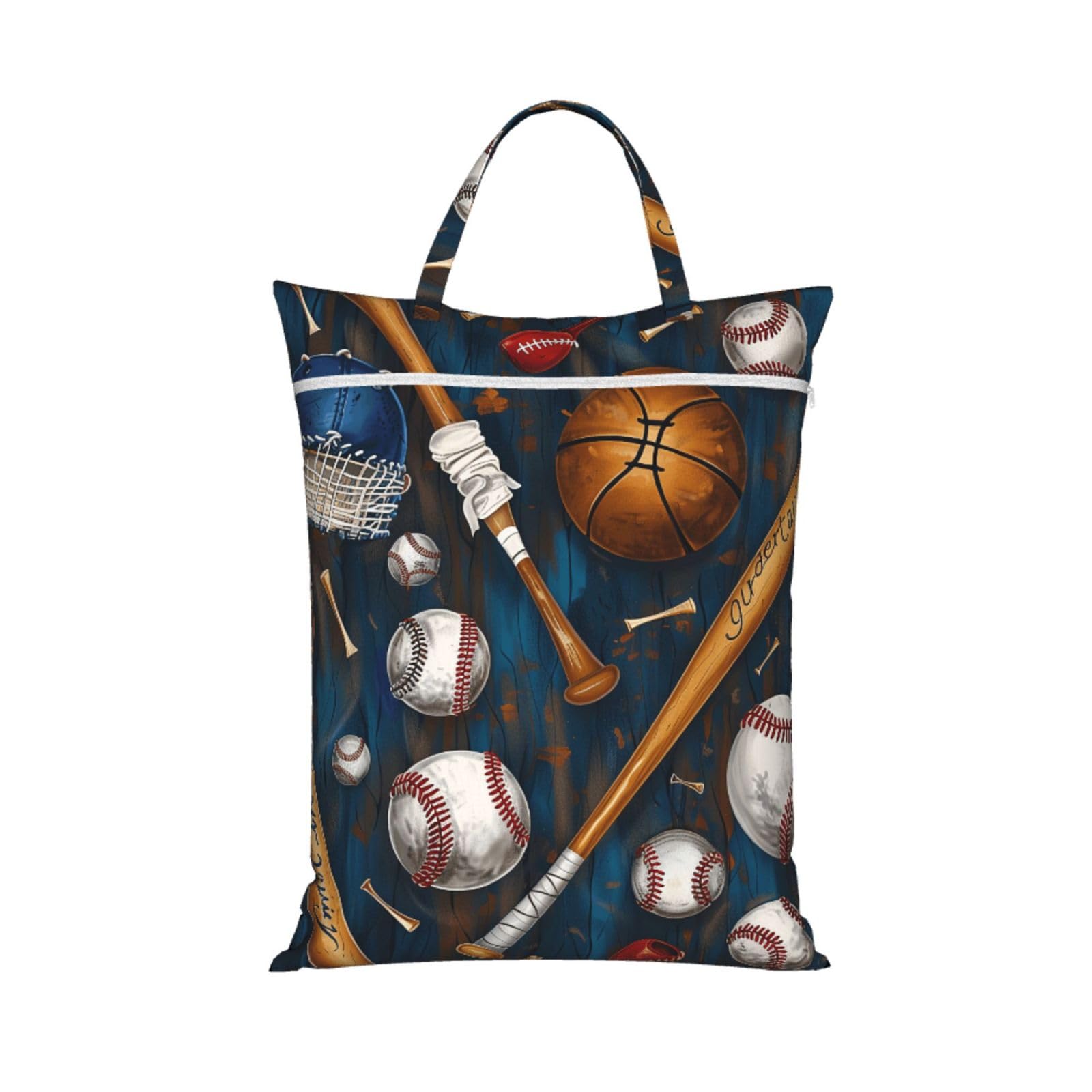 Large Travel Laundry Bags,Baseball Basketball Football Hockey Print with Handle Foldable Laundry Bag for Holidays Gym Swimming and Family Trips, 1Pcs