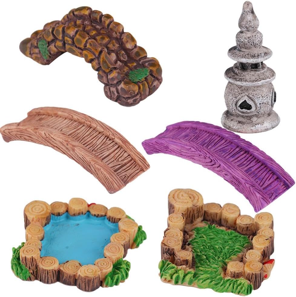 Kopida 6 Pcs Miniature Fairy Garden Accessories, Mini Lighthouse Pond Lawn Bridge Fairy Garden Miniature Ornaments for Micro Landscape Yard