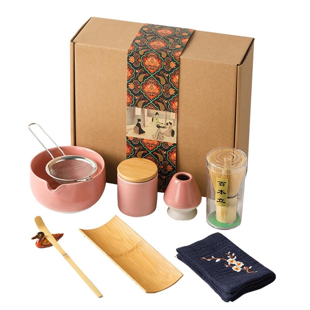 LZM-DIEWLEI Japanese Matcha Tea Set 9 Pcs Ceramic Matcha Bowl, Ceramic Whisk Holder, Matcha Whisk, Scoop, Sifter, Matcha Caddy, Tea Making Kit, Handmade Japanese Tea Ceremony Matcha Tea Kit(Pink)