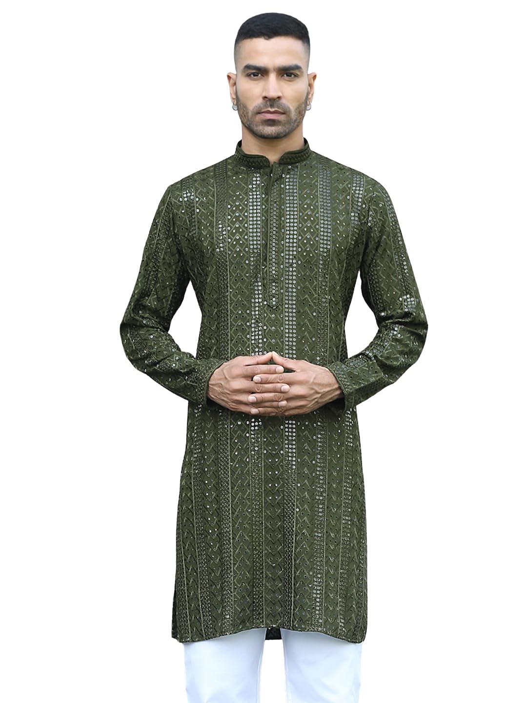 kraft india Men Silk Rayon Ethnic Motifs Embroidered Mandarin Collar Sequinned Kurta-picture-11