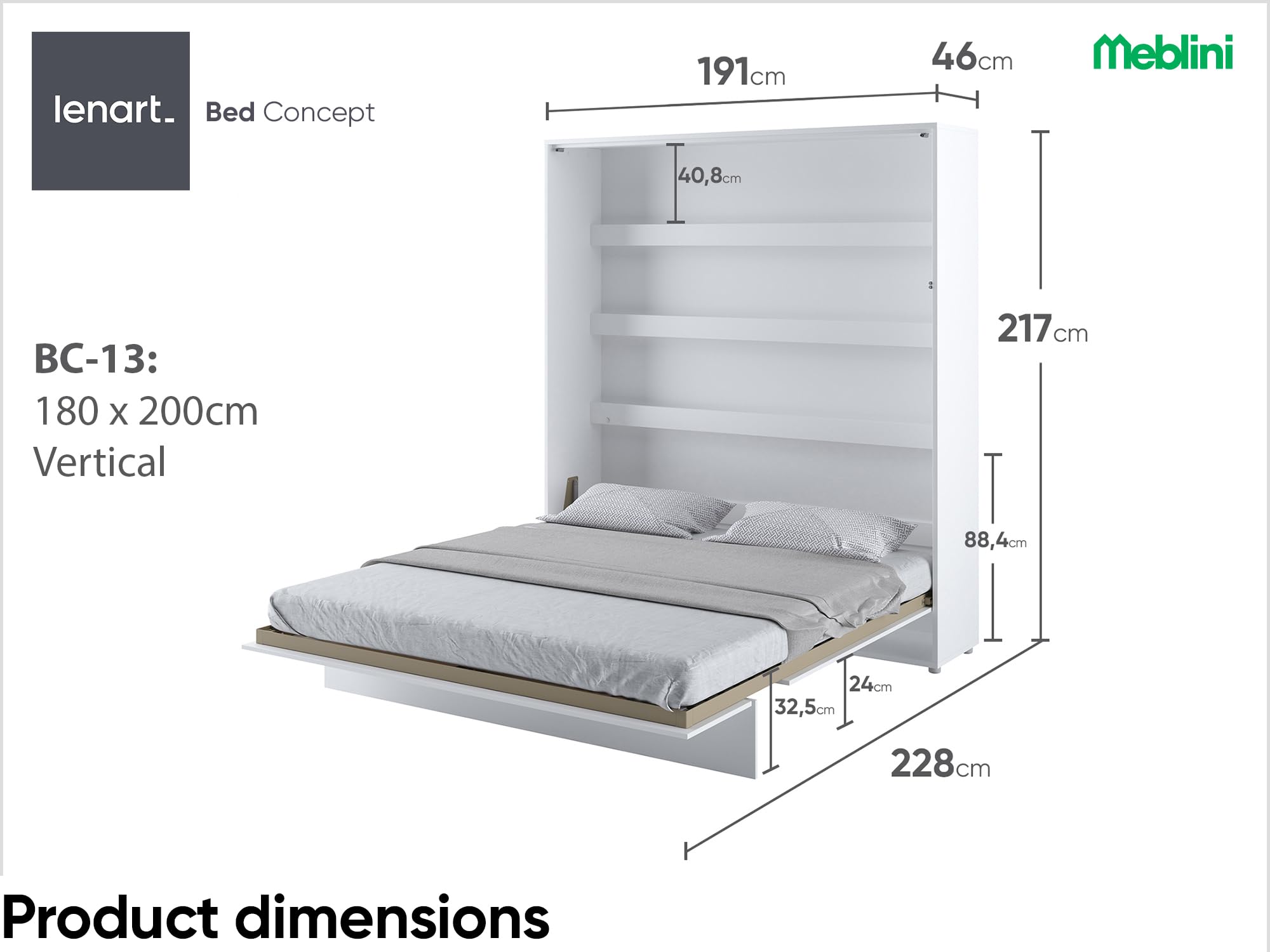 MEBLINI Schrankbett Bed Concept - Wandbett mit Lattenrost - Klappbett mit Schrank - Wandklappbett - Murphy Bed - Bettschrank - BC-13-180x200cm Vertikal - Weiß Matt