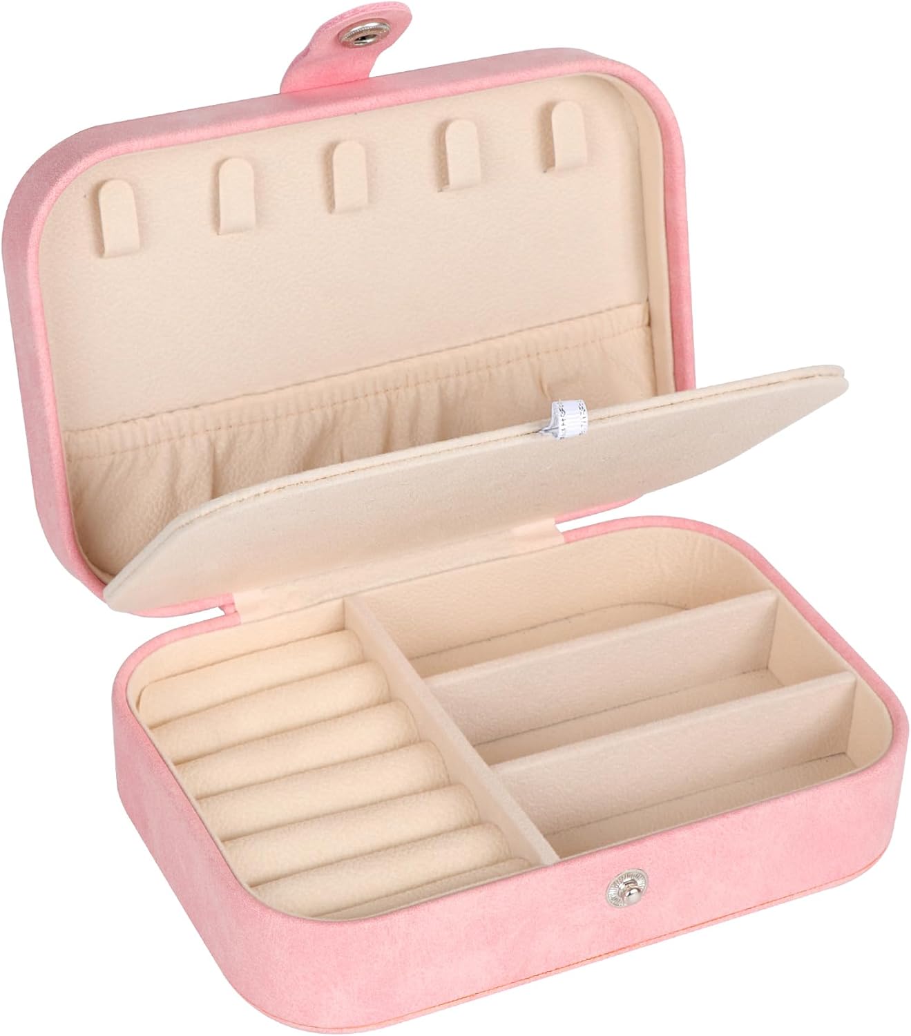 Hatori Travel Jewelry Box, PU Leather Small Jewelry Organizer for Women Girls, Portable Mini Travel Case Display Storage Holder Boxes for Stud Earrings, Rings, Necklaces, Bracelets (Pink Beige)