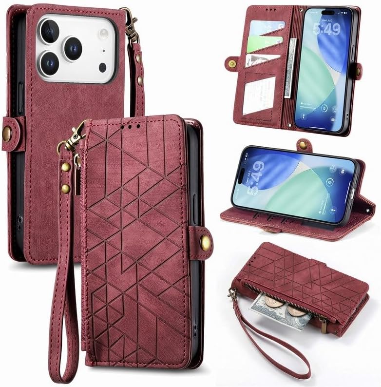 case Compatible with iPhone 17 Pro (Color: Red) Leather Wallet Zipper Strap Flip Back Case Cover