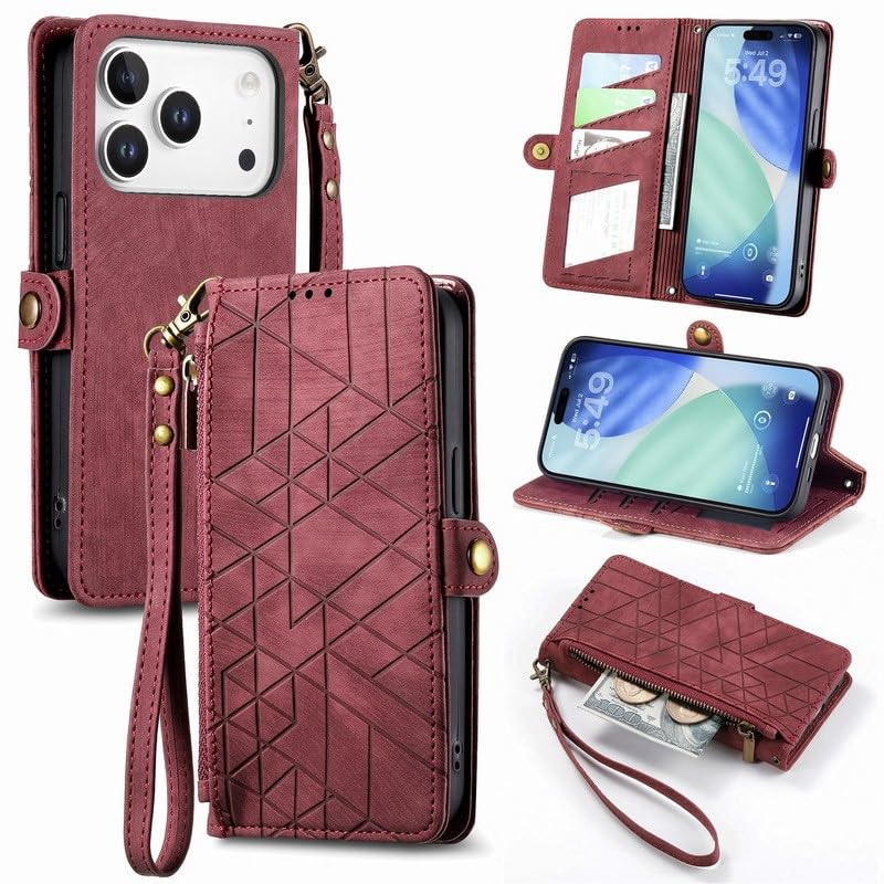 Housse iPhone 14 rouge avec porte-cartes zippé antichoc