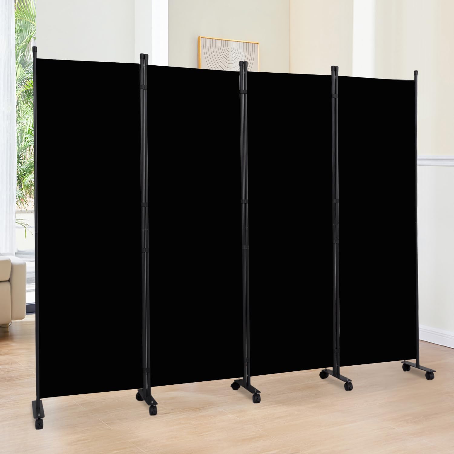 Room Divider 6FT Room Partition with Lockable Wheels, (Thicked Metal Base) Room Dividers, Freestanding Indoor Folding Privacy Screens, Portable Fabric Wall Divider for (Black, 88"- 4 Panel) 88"- 4 Panel Black