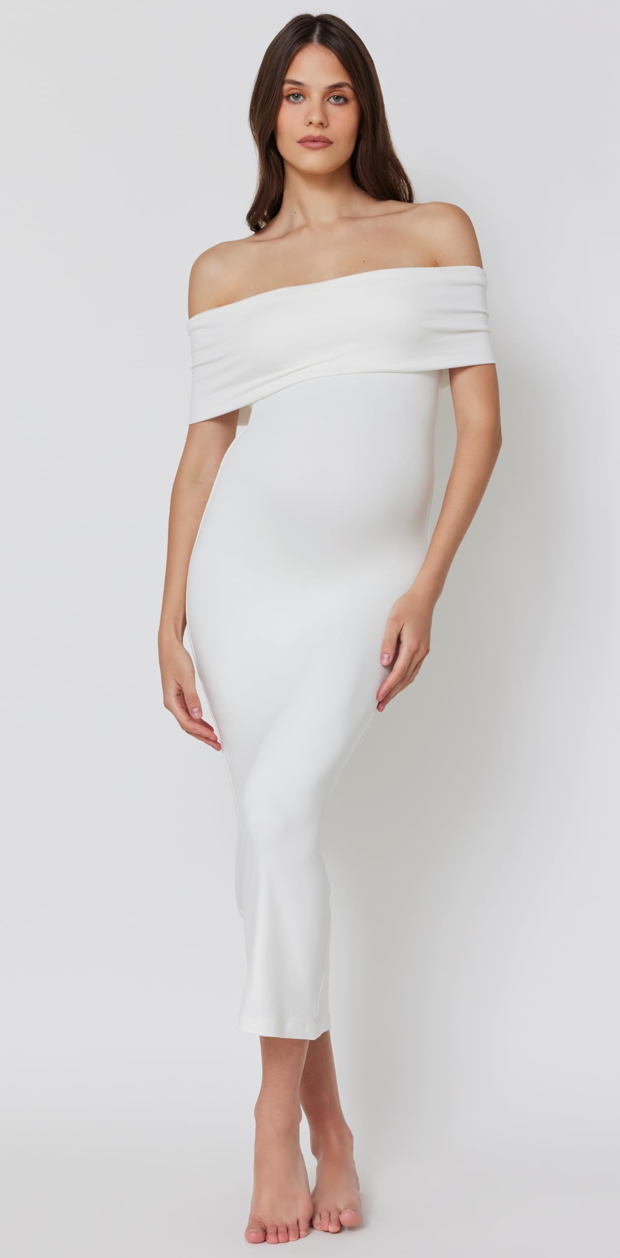 BUMPSUIT Schulterfreies Umstandskleid für Schwangerschaft, dehnbarer Stoff, umklappbarer Ausschnitt, langes Umstandskleid, Maxikleid für Damen