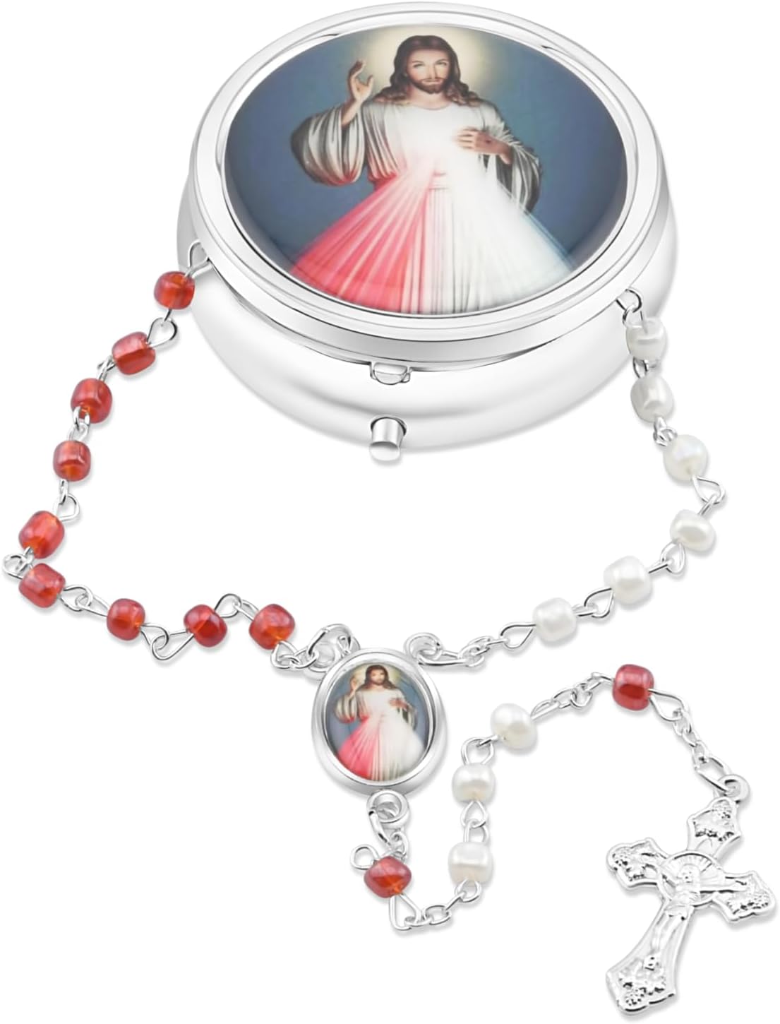 Catholic Town Rosary Necklace with Divine Mercy center piece, Cross Crucifix and metallic box. (ROSMIRDM-WR)