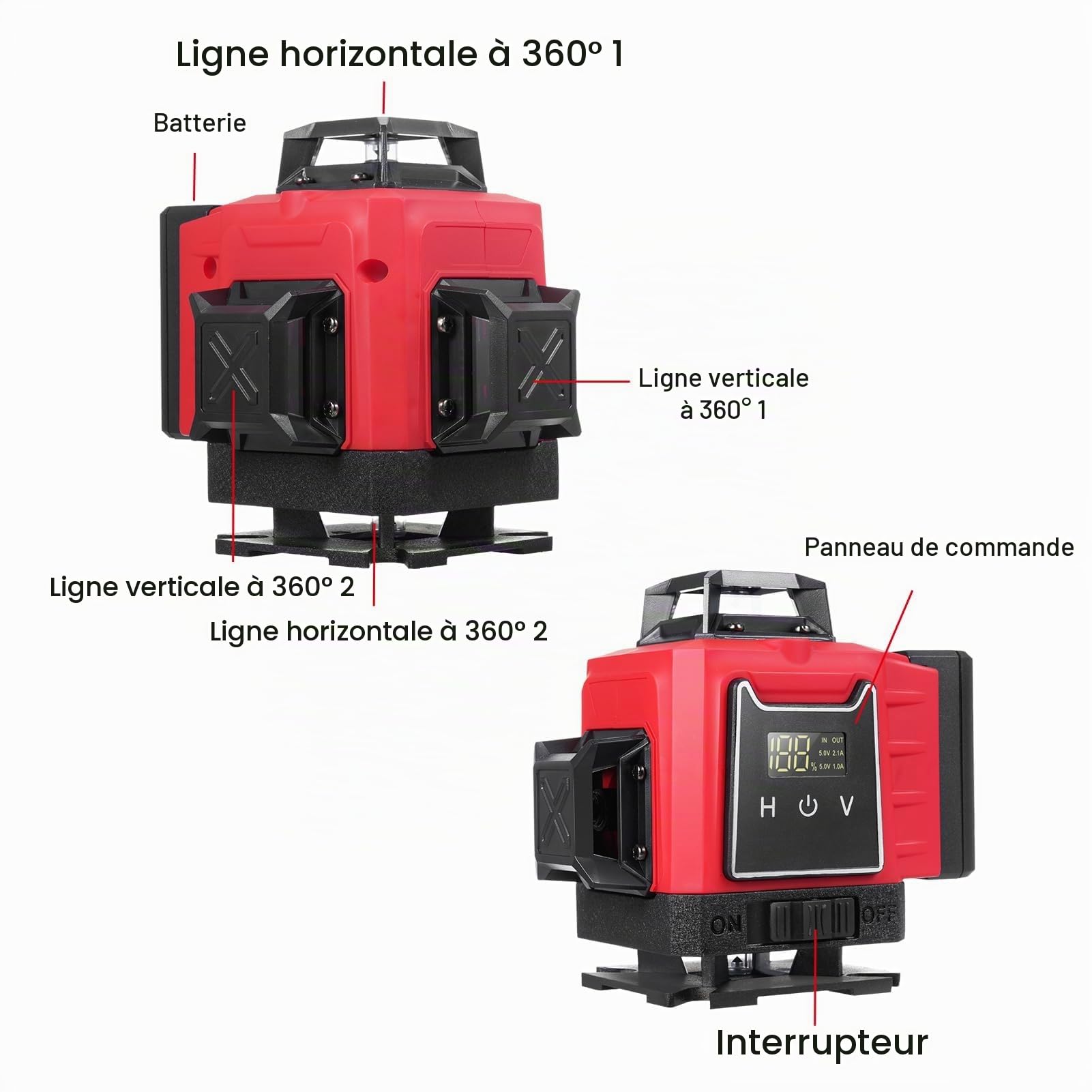 Laser en croix trépied, niveau laser 4D 16 lignes, IP54, batterie 2400 mAh x 2, 1 m extension
