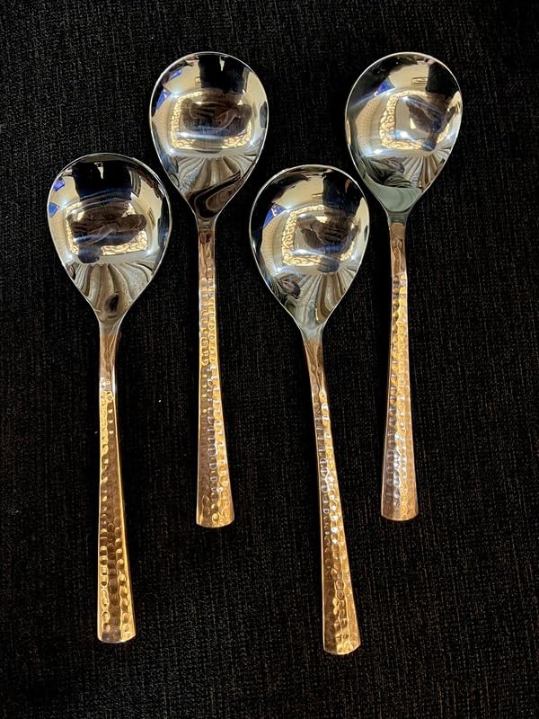 Image of Stainless Steel and Copper Made Serving Spoon Set - Pack of 4 | Metal Kitchen Dining and Cutlery | Steel and Copper Metalic Finish | A Touch of Elegance to Your Dining and Serving