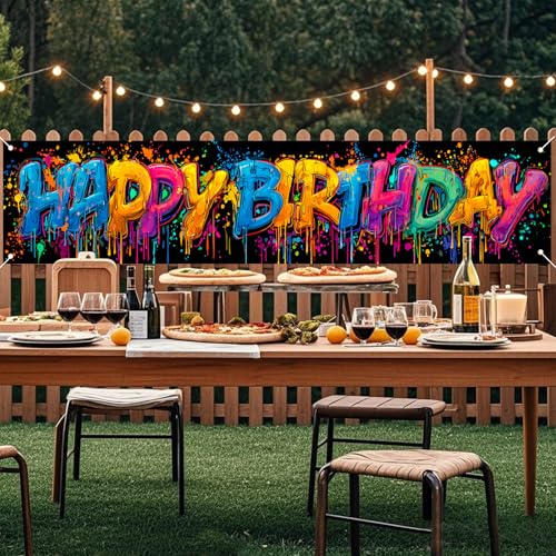 Image of Nuxovilar Happy Birthday Splashing Paint Banner 18x79 Polyester | Street Poster, Panoramic Sign splashing paint banner, spray art gate, porch, playroom (Paint Splash)