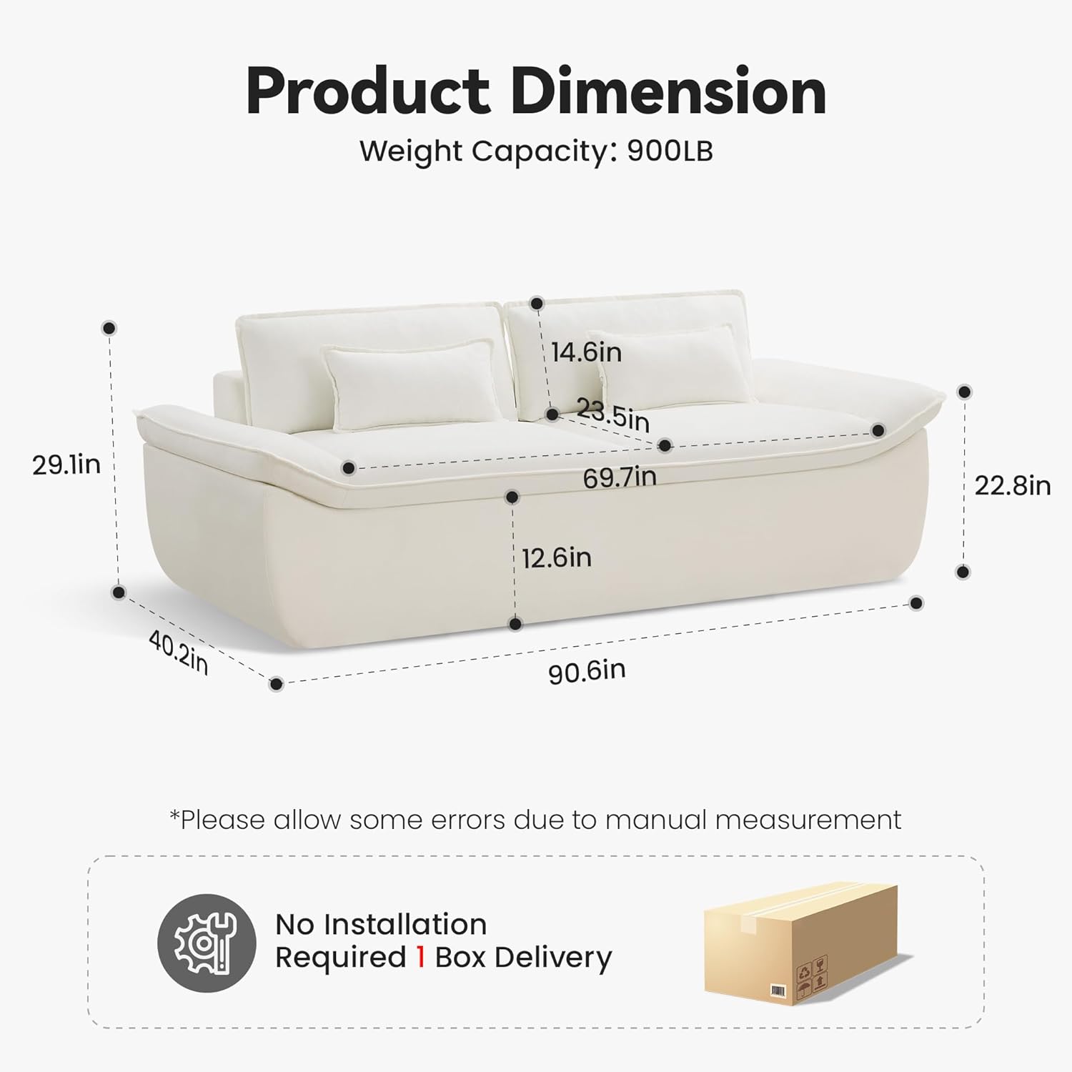 89" Cloud Boneless Loveseat Sofa Couch, Deep Seat Love Seat Sofa with Lumbar Pillow, 2-Seater Compressed Couches for Living Room, Chenille White