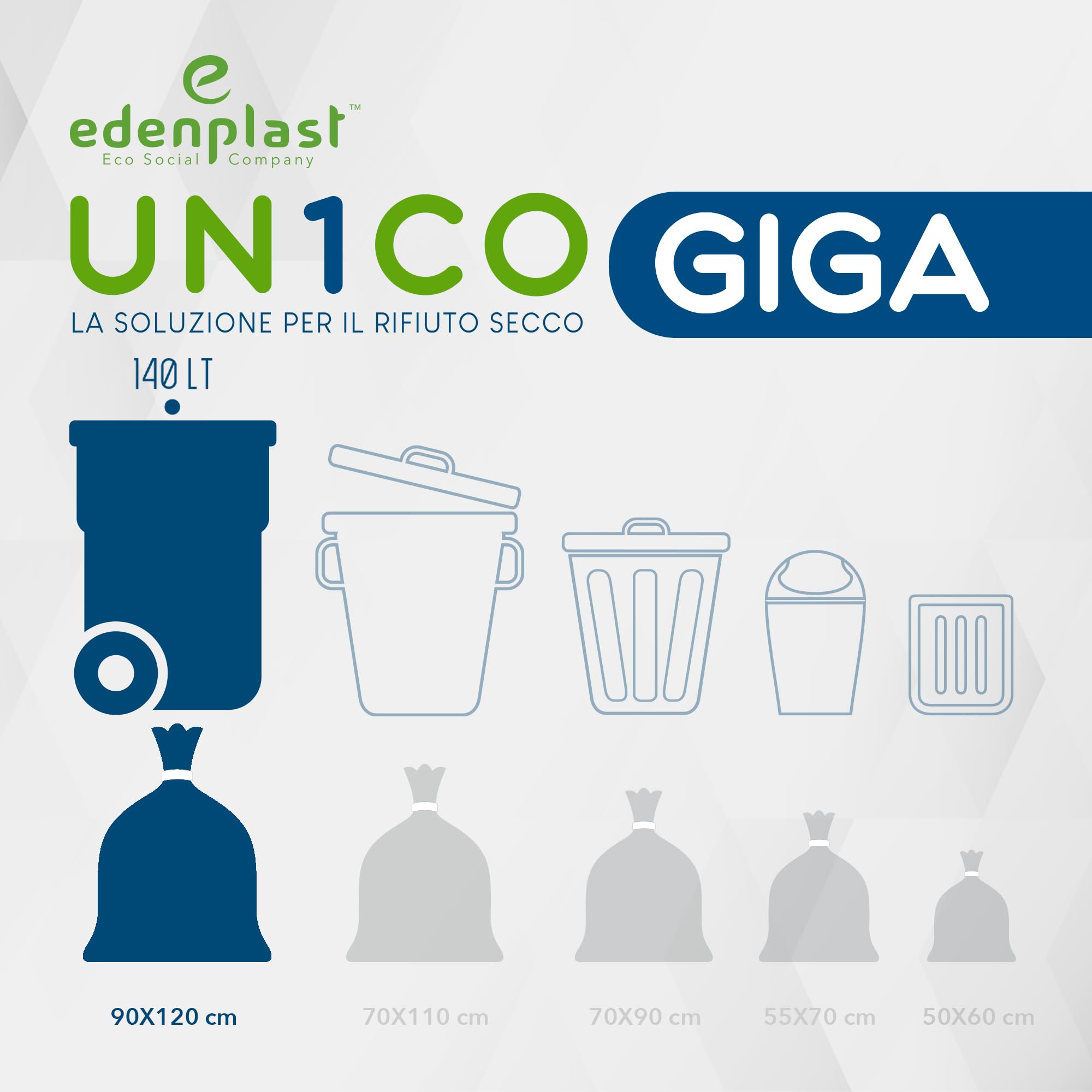 UN1CO GIGA Sacchi Spazzatura Trasparenti 140L - 90x120 cm – Sacchi Raccolta Differenziata Rifiuto Secco - Antigoccia - Polietilene Riciclato - 13 Rotoli da 8 sacchi