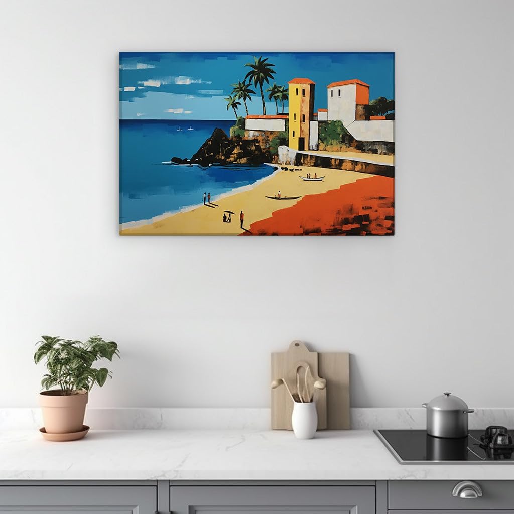 Canvas for Living room. Sunny Shores and Serene Vistas: A Lively Beach Scene Comes to Life in Digital Artistry, 27 x 18 inch Canvas Wall Art - Seascapes And Ocean - Modern Home Decor