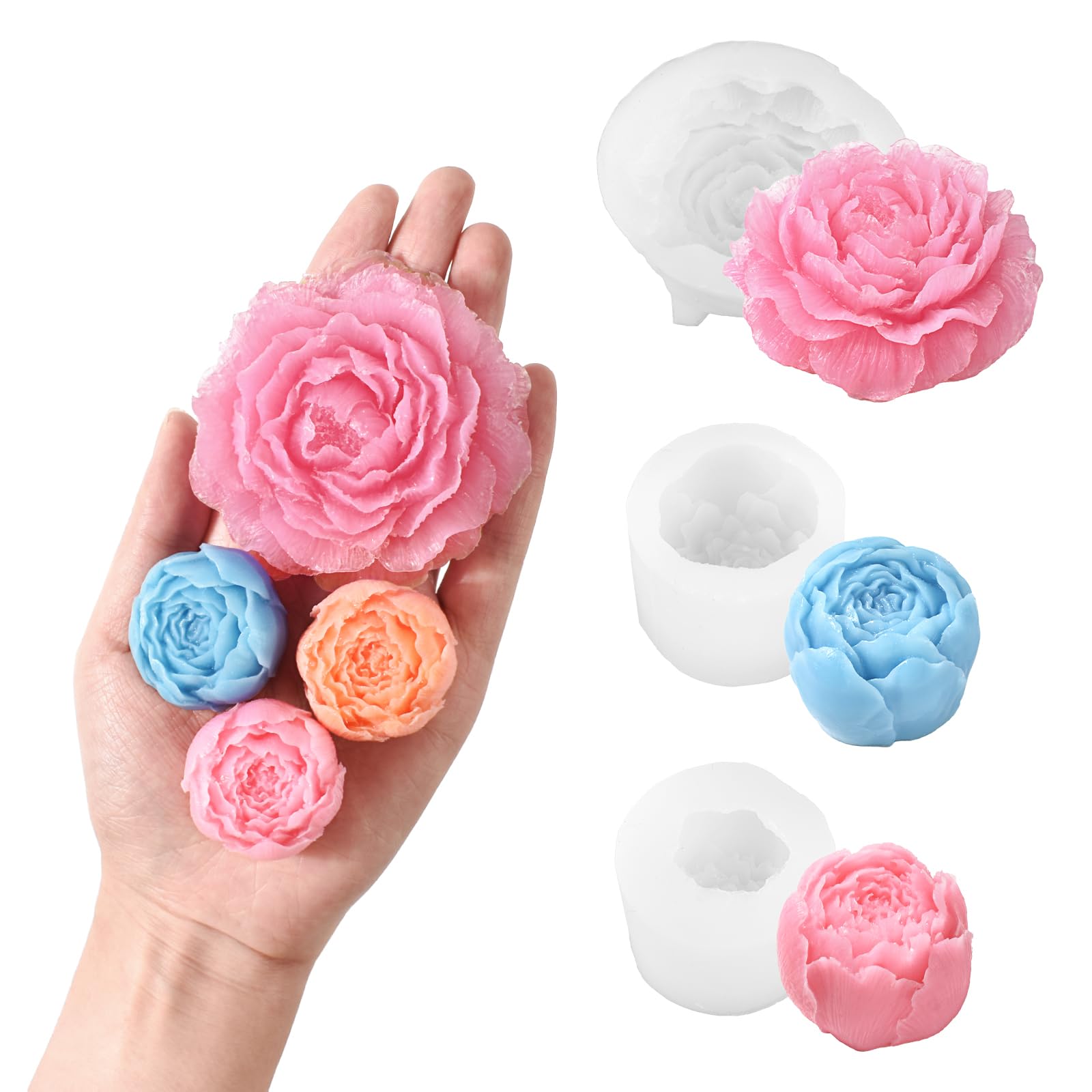 3PCS Flower Mold Silicone 3D Resin Candle Soap Mold for Handmade Candle, Soap, Dessert, Chocolate, Candy, Resin