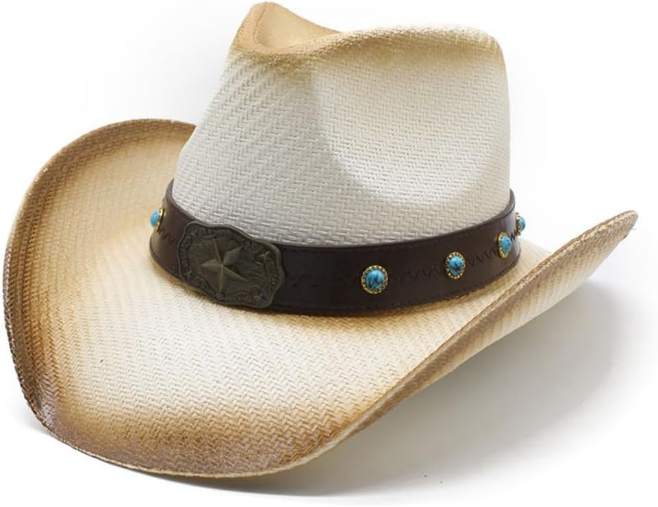Western Cowboy Hat with Turquoise Studded Leather Band, Brown Straw, Star Emblem