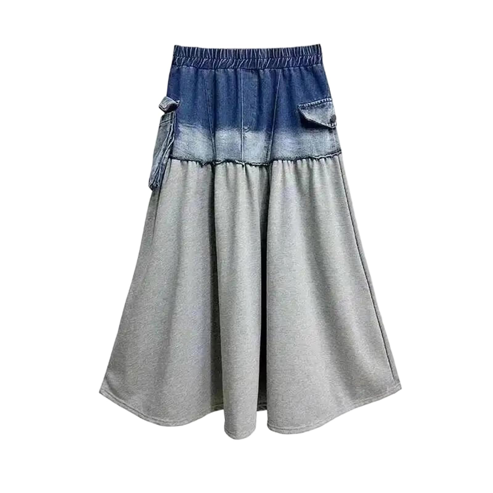 Womens High Elastic Waist Color Block Midi Denim Skirt Gray A-Line Long Jean Skirts Casual Trendy