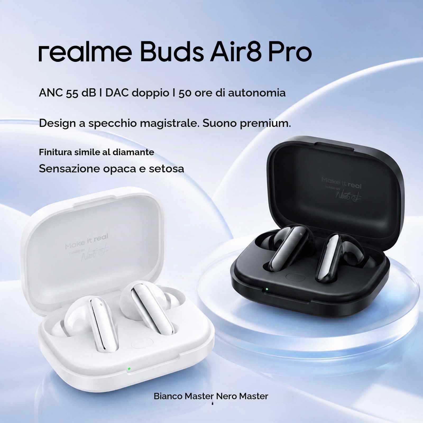 realme Buds Air 8 Pro Cuffie Bluetooth 55dB ANC adattiva, Auricolari Wireless con 11+6mm Doppio DAC Driver e 50 Ore Autonomia, Ear-by AI Assistente, Hi-Res LHDC 5.0 ​​Audio, Bluetooth 6.1 e IP55, Nero